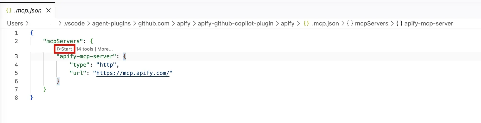 Bundled .mcp.json with the Start action above the apify-mcp-server entry