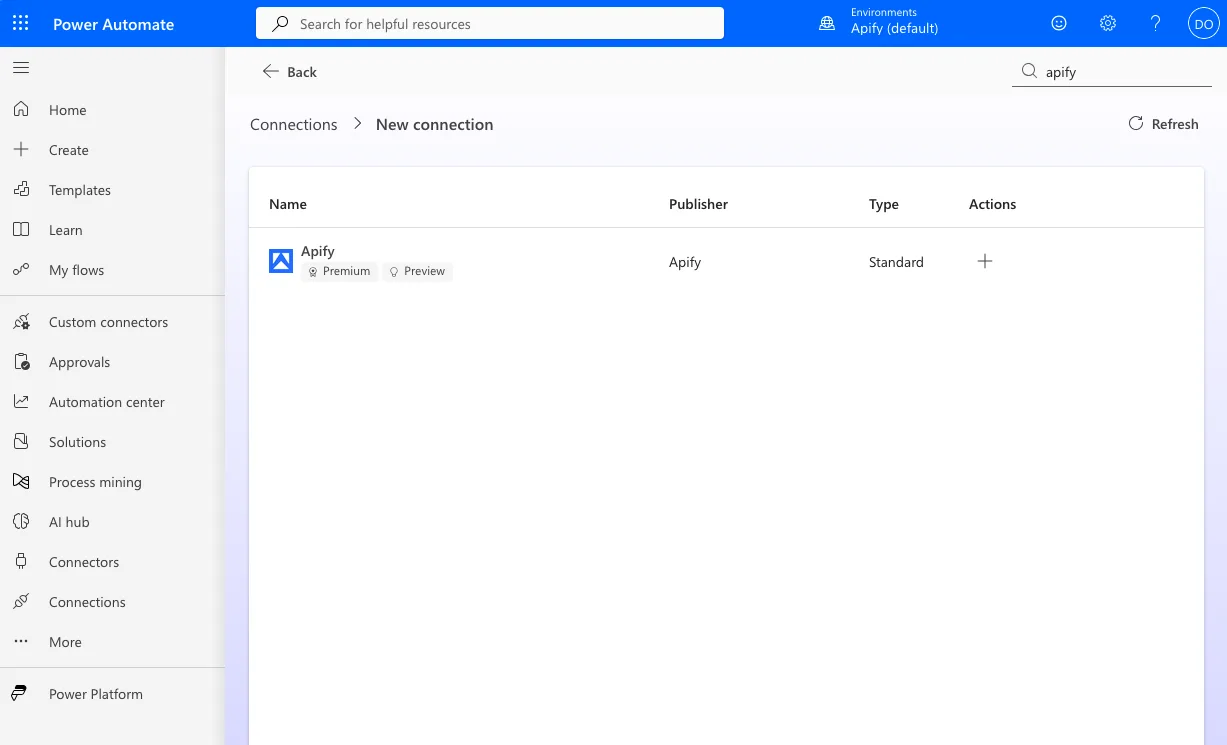 The New connection page in Power Automate showing the Apify connector published by Apify, with Premium and Preview labels