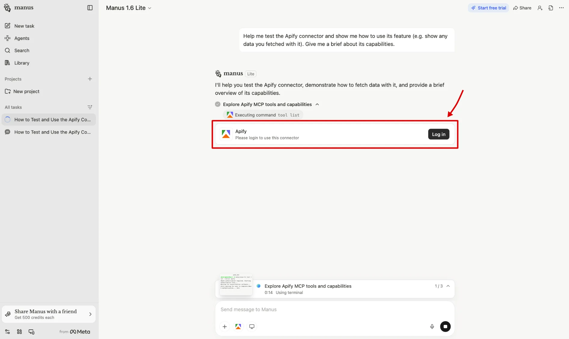 Manus chat session showing the Apify connector OAuth login prompt