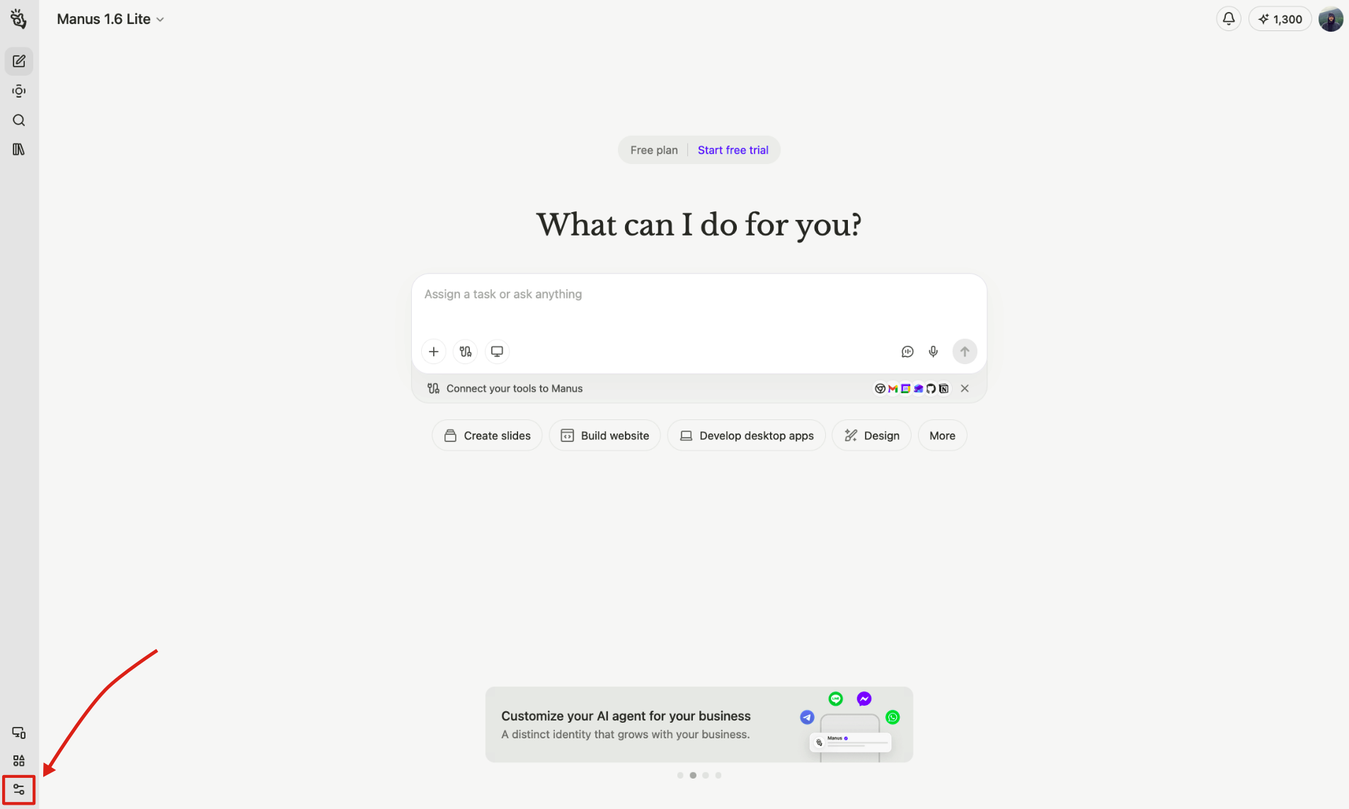 Manus sidebar with the Settings icon highlighted at the bottom left