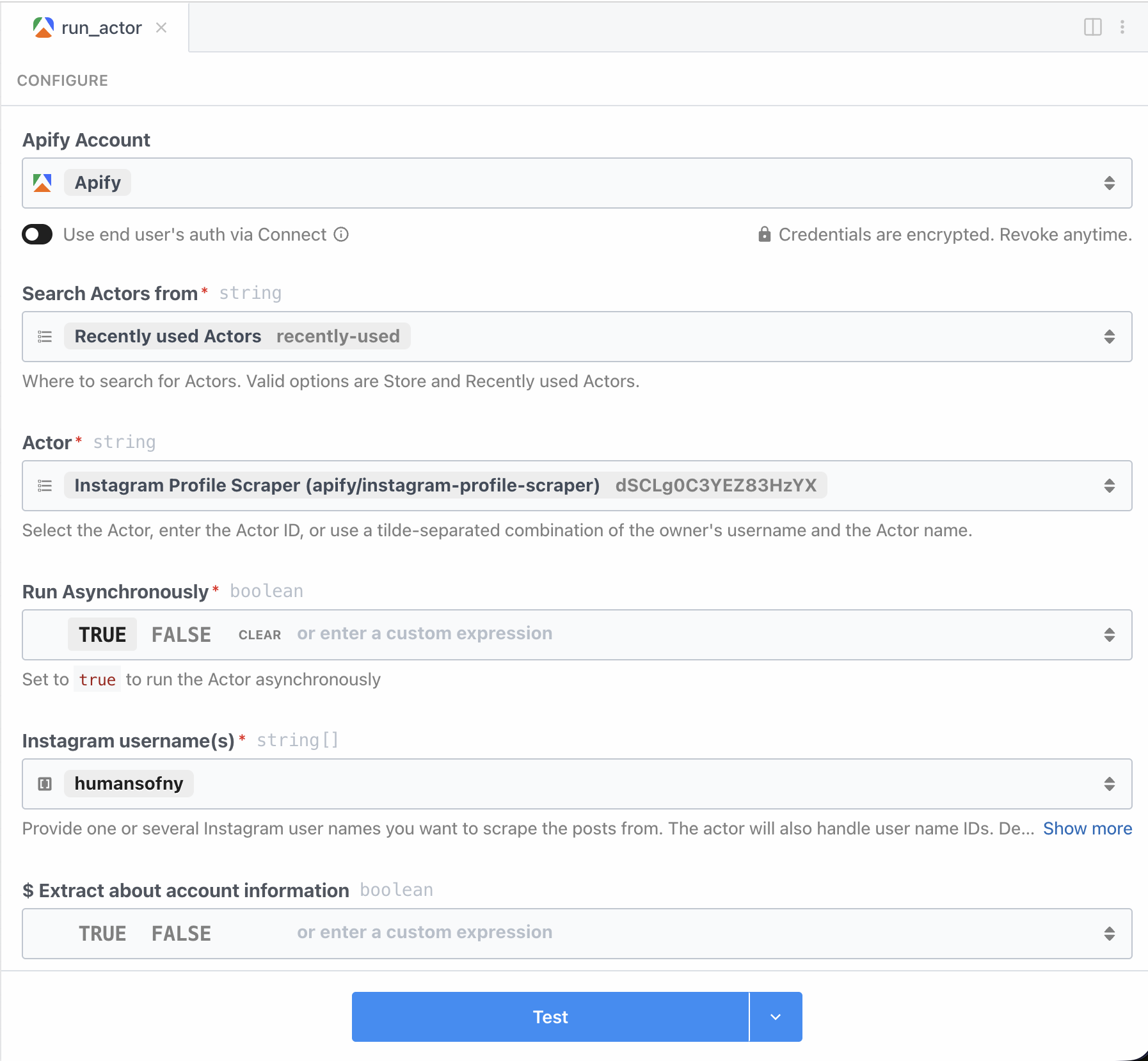 Configuring an Apify action in Pipedream