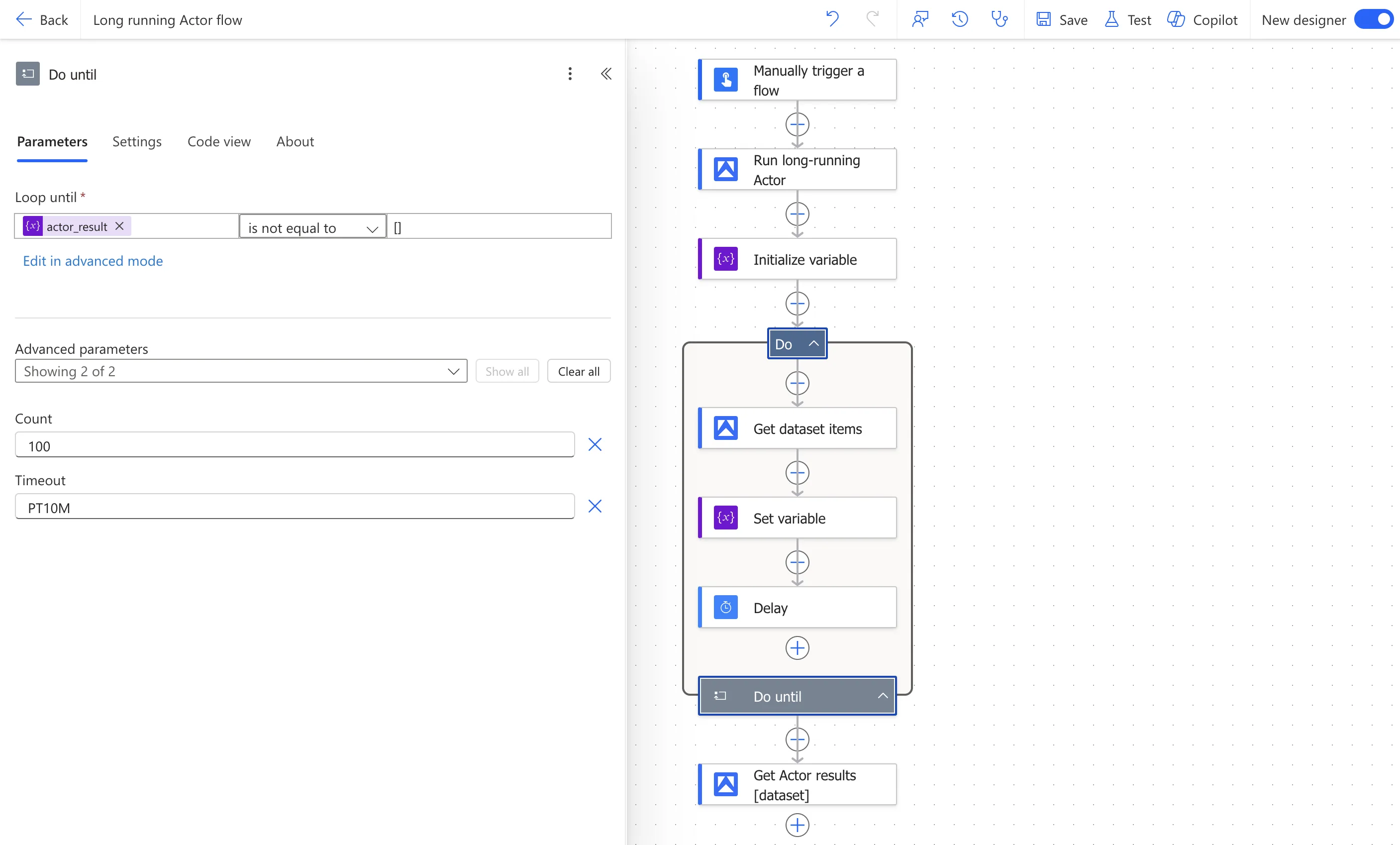 A Power Automate flow with Run Actor, Initialize variable, and a Do until loop containing Get dataset items, Set variable, and Delay, with the loop set to stop when the variable is not an empty array