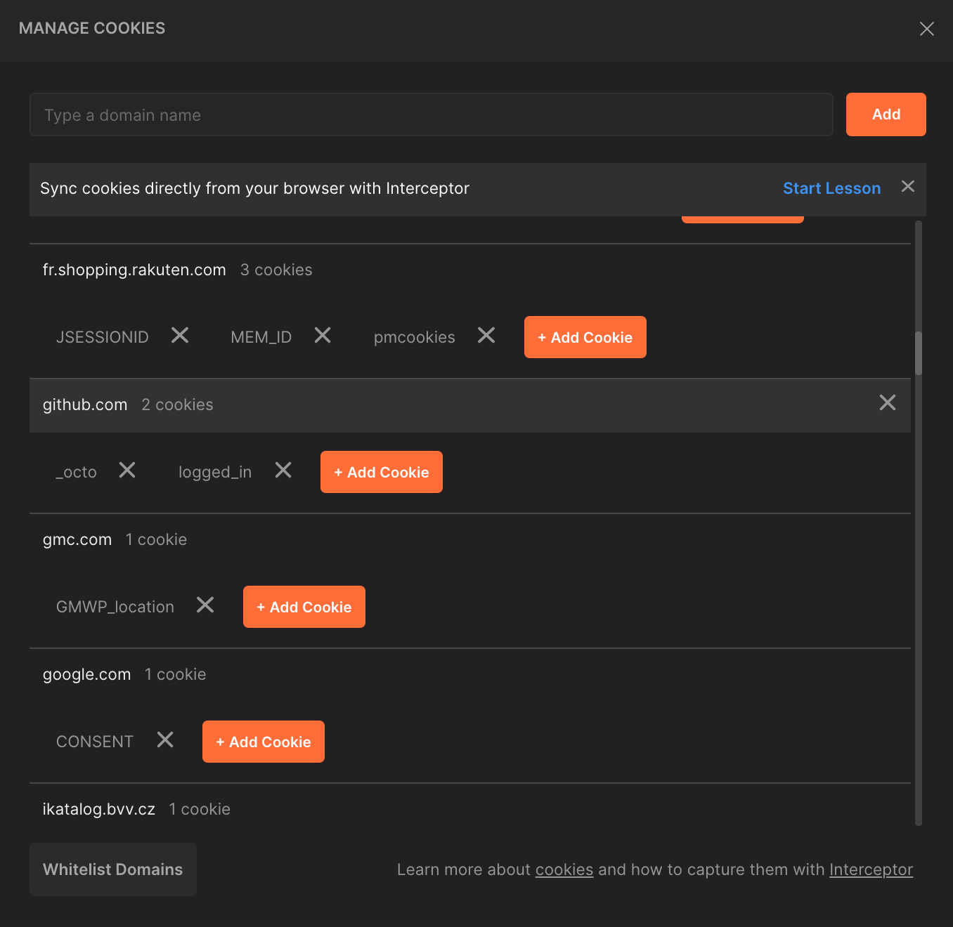 Managing cookies in Postman with the &quot;MANAGE COOKIES&quot; window