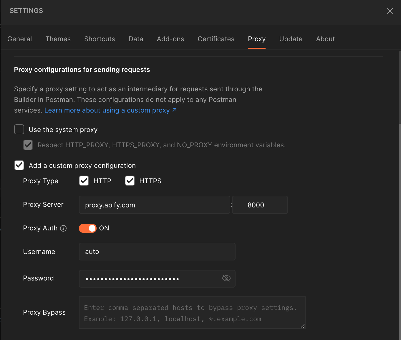 Proxy configuration in Postman settings