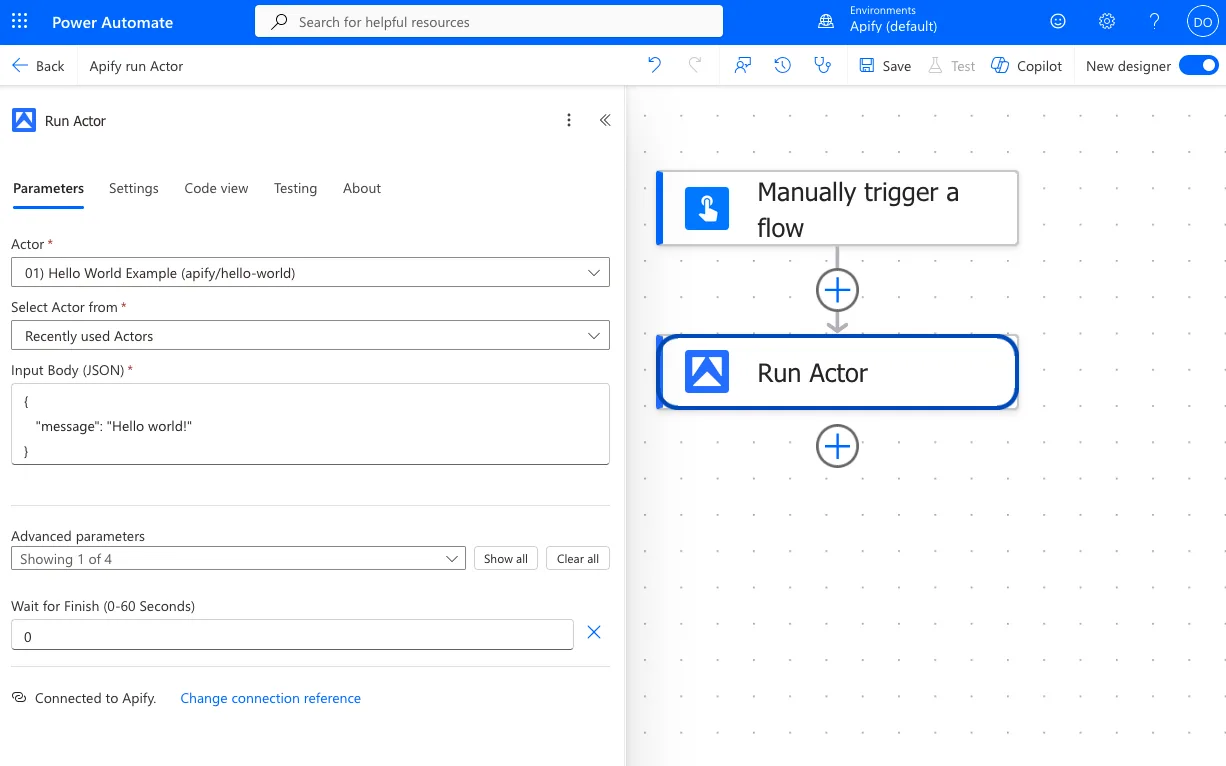 The Run Actor action in Power Automate with an Actor selected, Input Body (JSON) filled in, and Wait for Finish set to 0