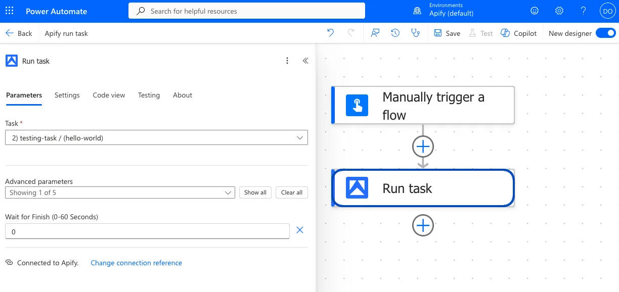 The Run task action in Power Automate with a task selected and Wait for Finish set to 0