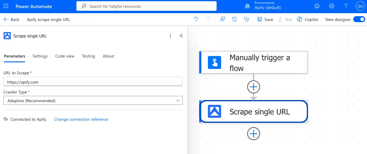 The Scrape single URL action in Power Automate with a URL entered and Crawler Type set to Adaptive (Recommended)