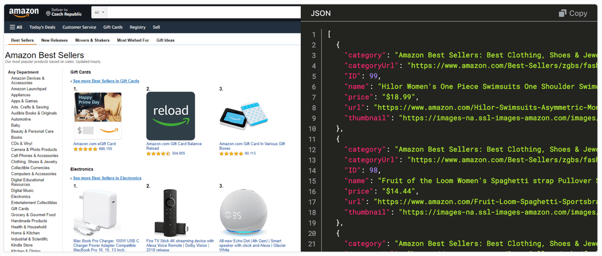 E-commerce listing on the left, JSON with data on the right