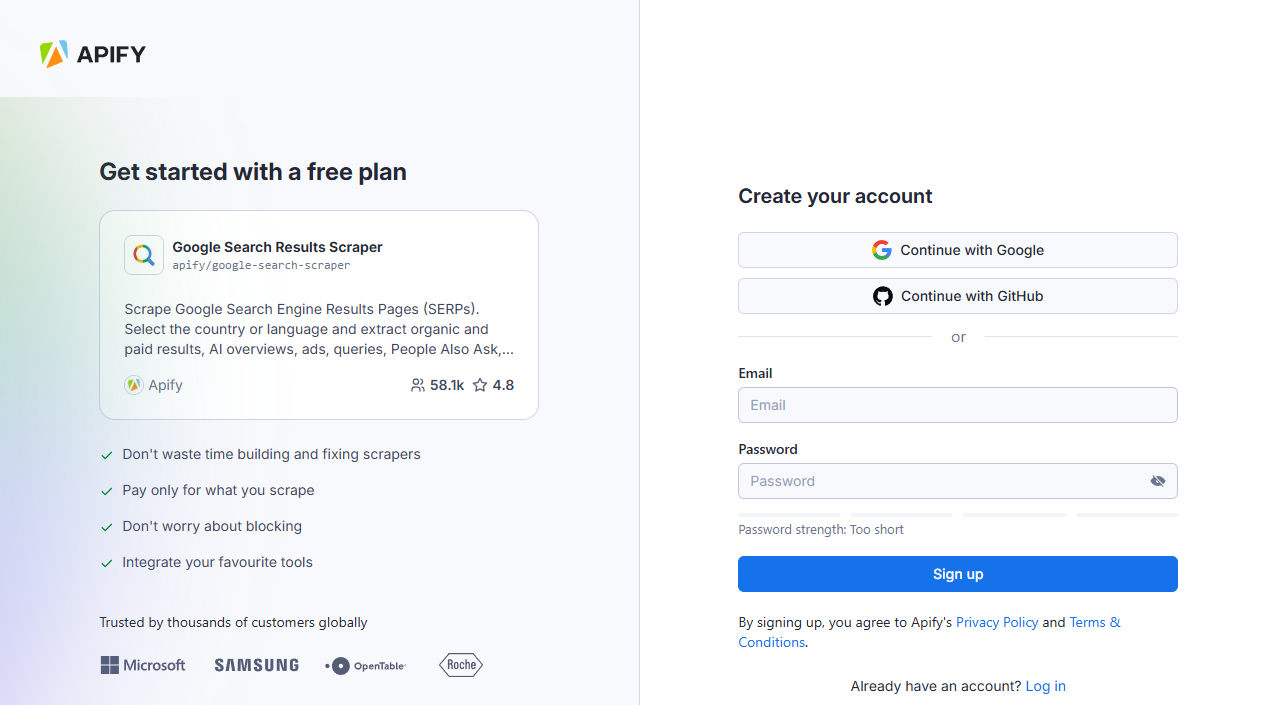 Sign up page