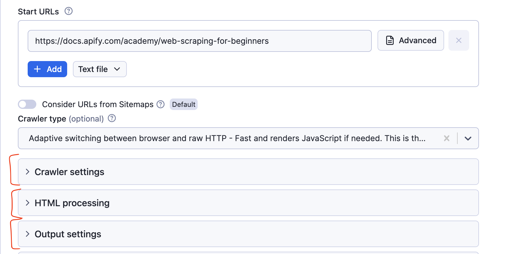 Input schema sections example