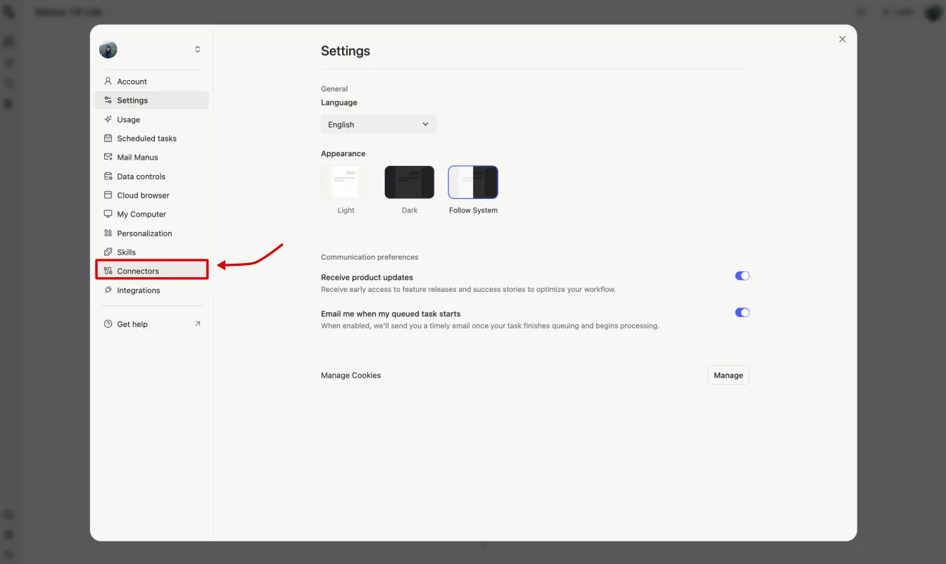 Manus Settings panel with Connectors selected in the left navigation