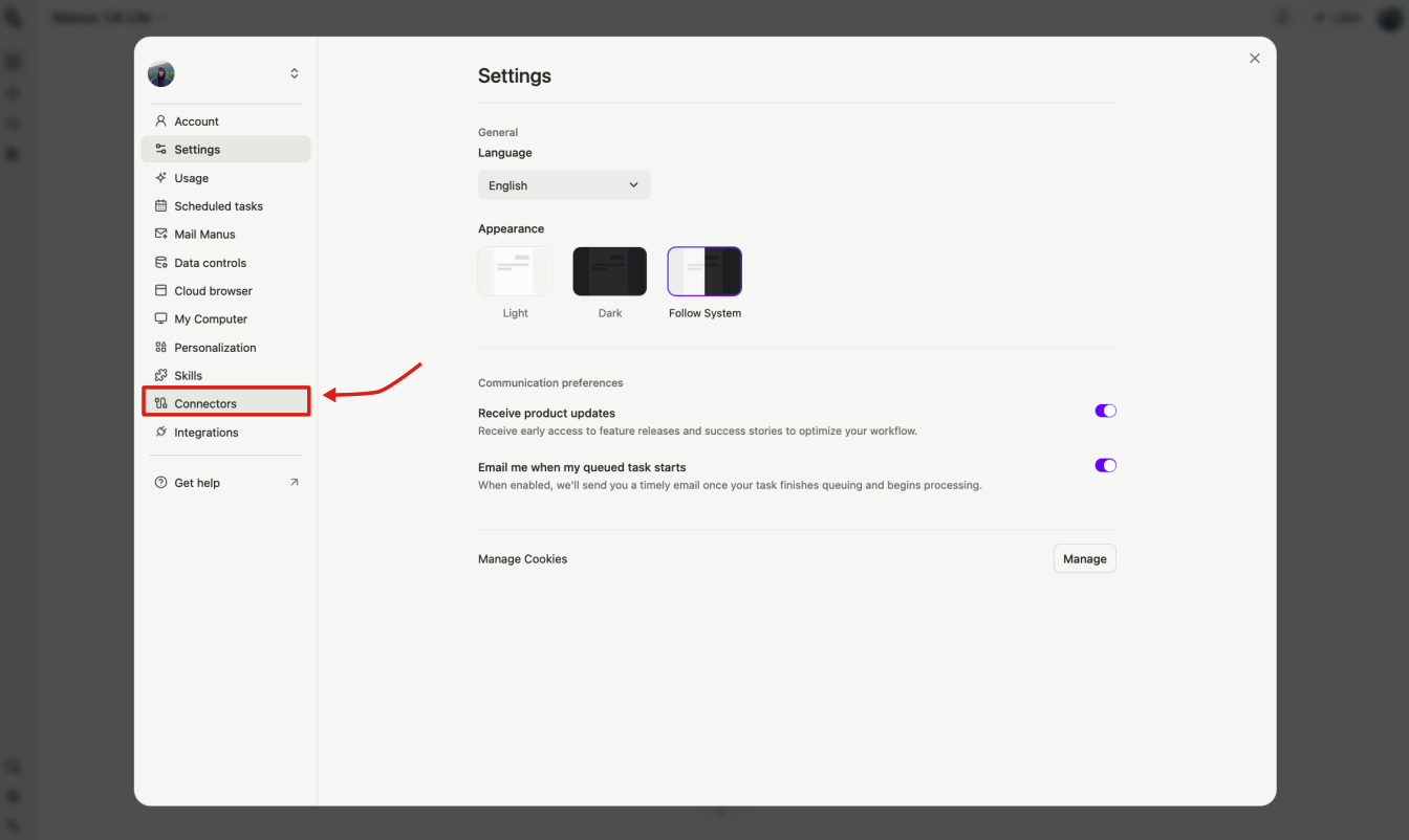 Manus Settings panel with Connectors selected in the left navigation
