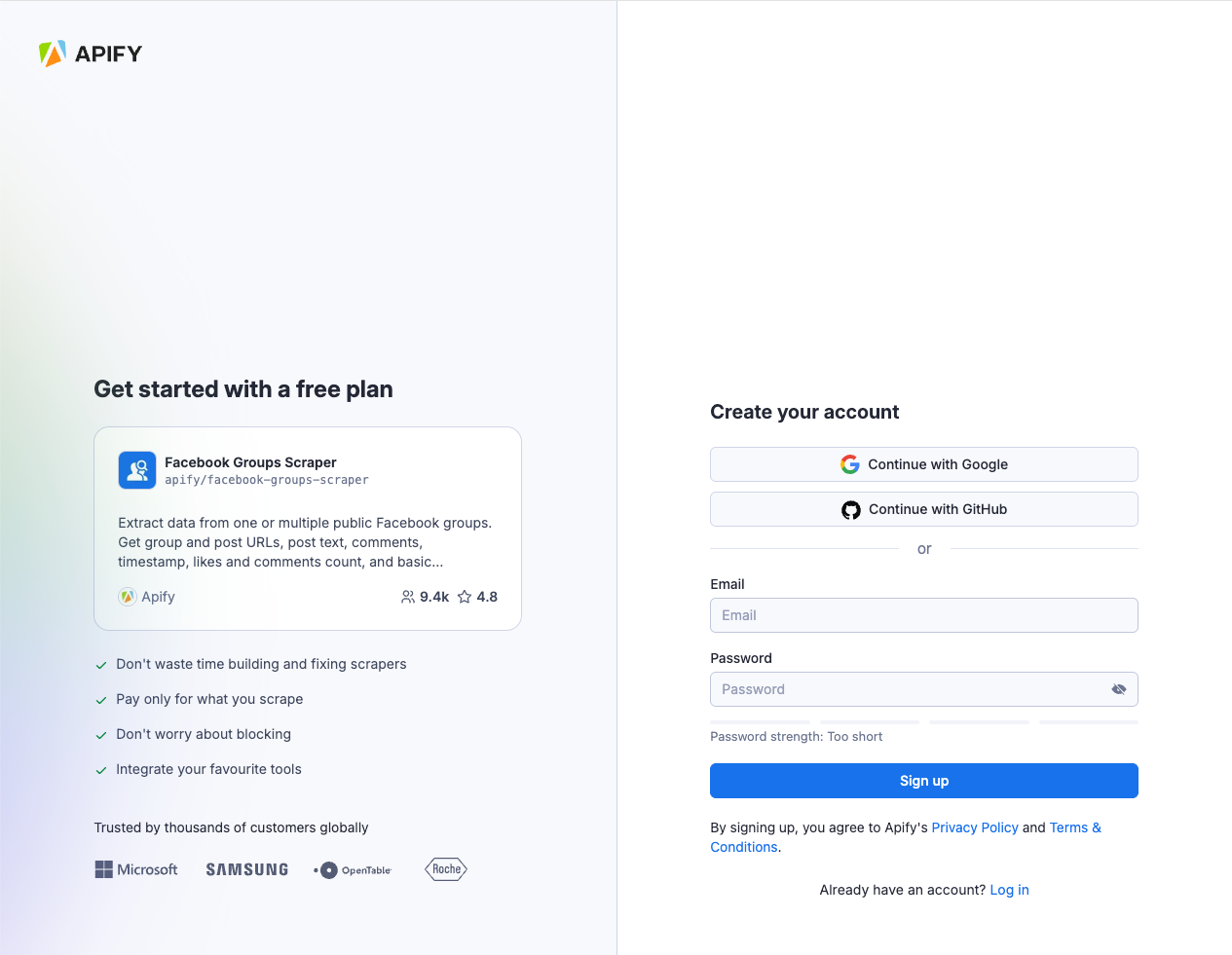 Sign up page