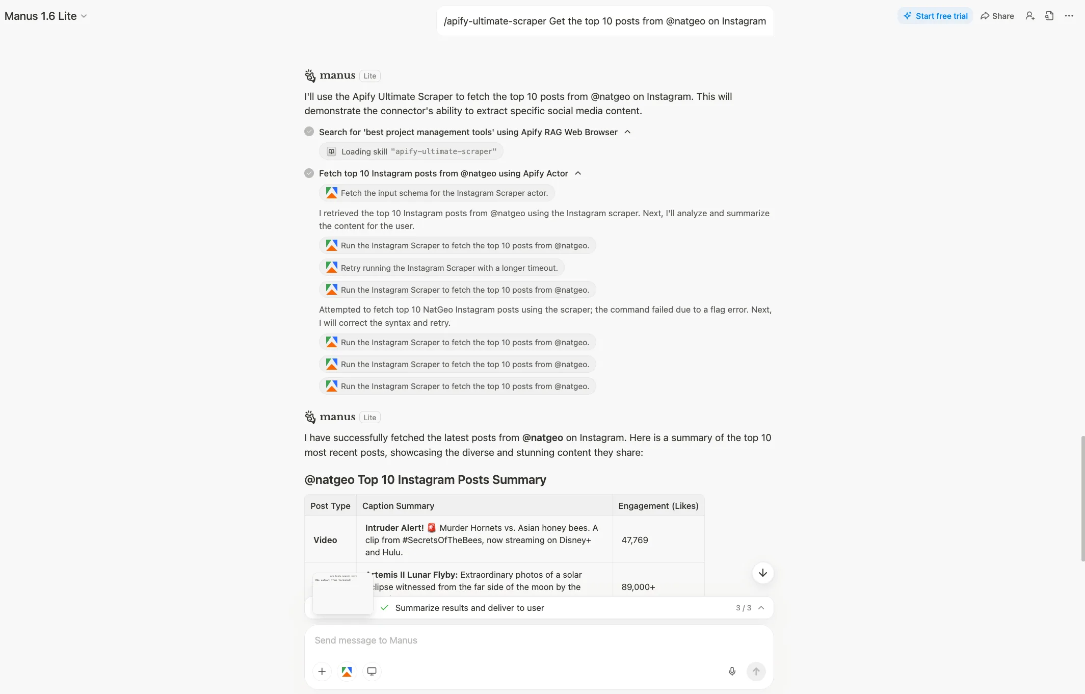 Manus chat showing /apify-ultimate-scraper triggered and structured Instagram results returned