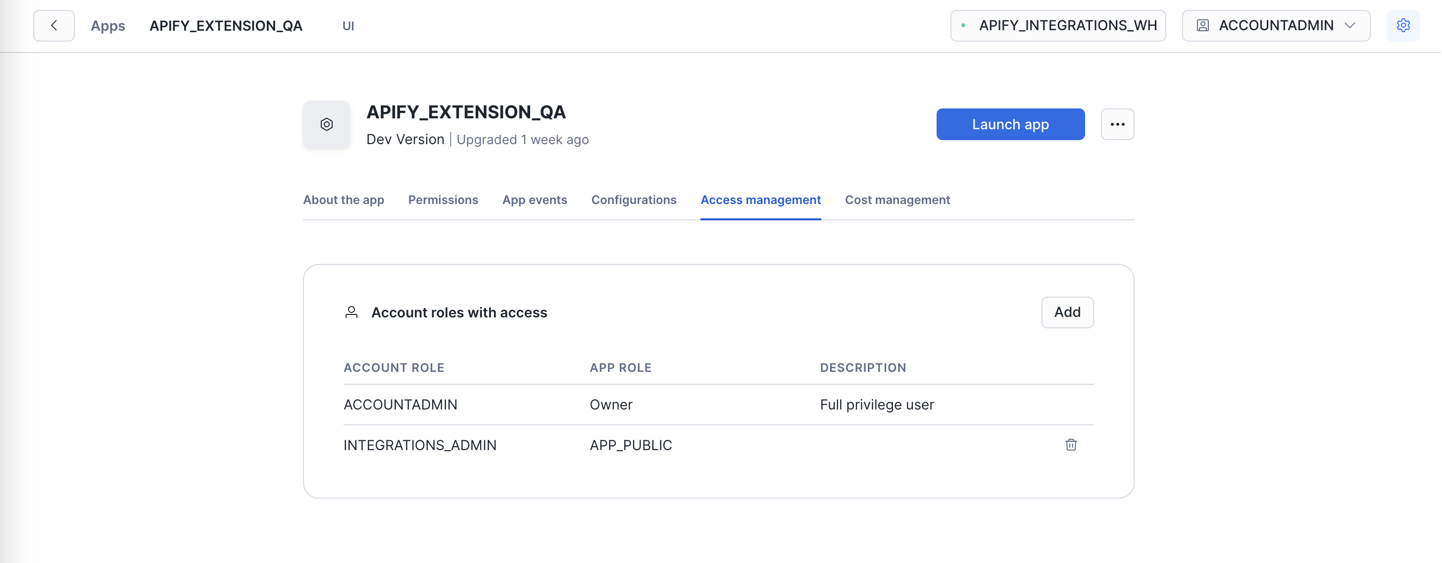 Access management tab for granting app_public role