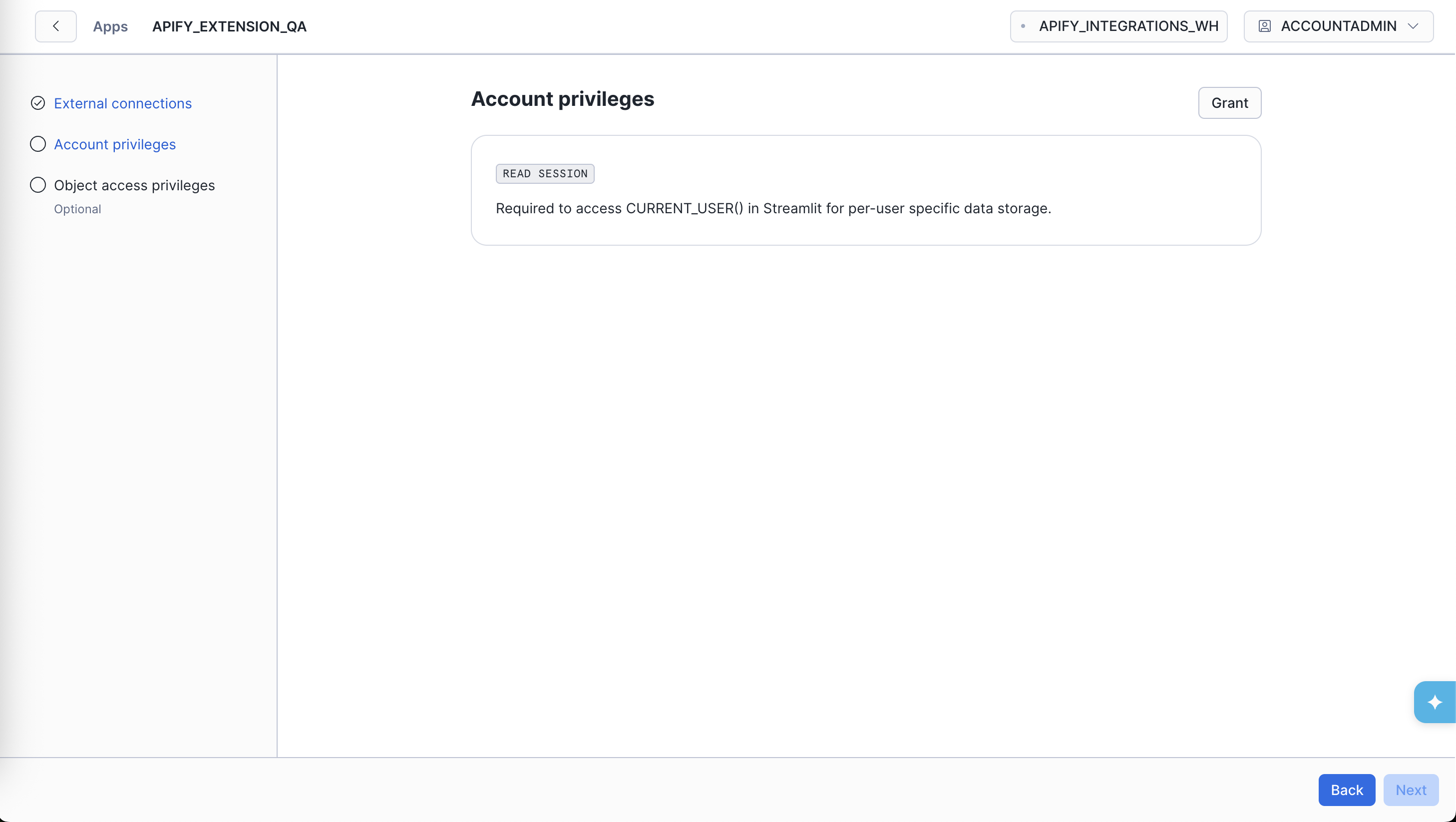 Account privileges grant during app setup