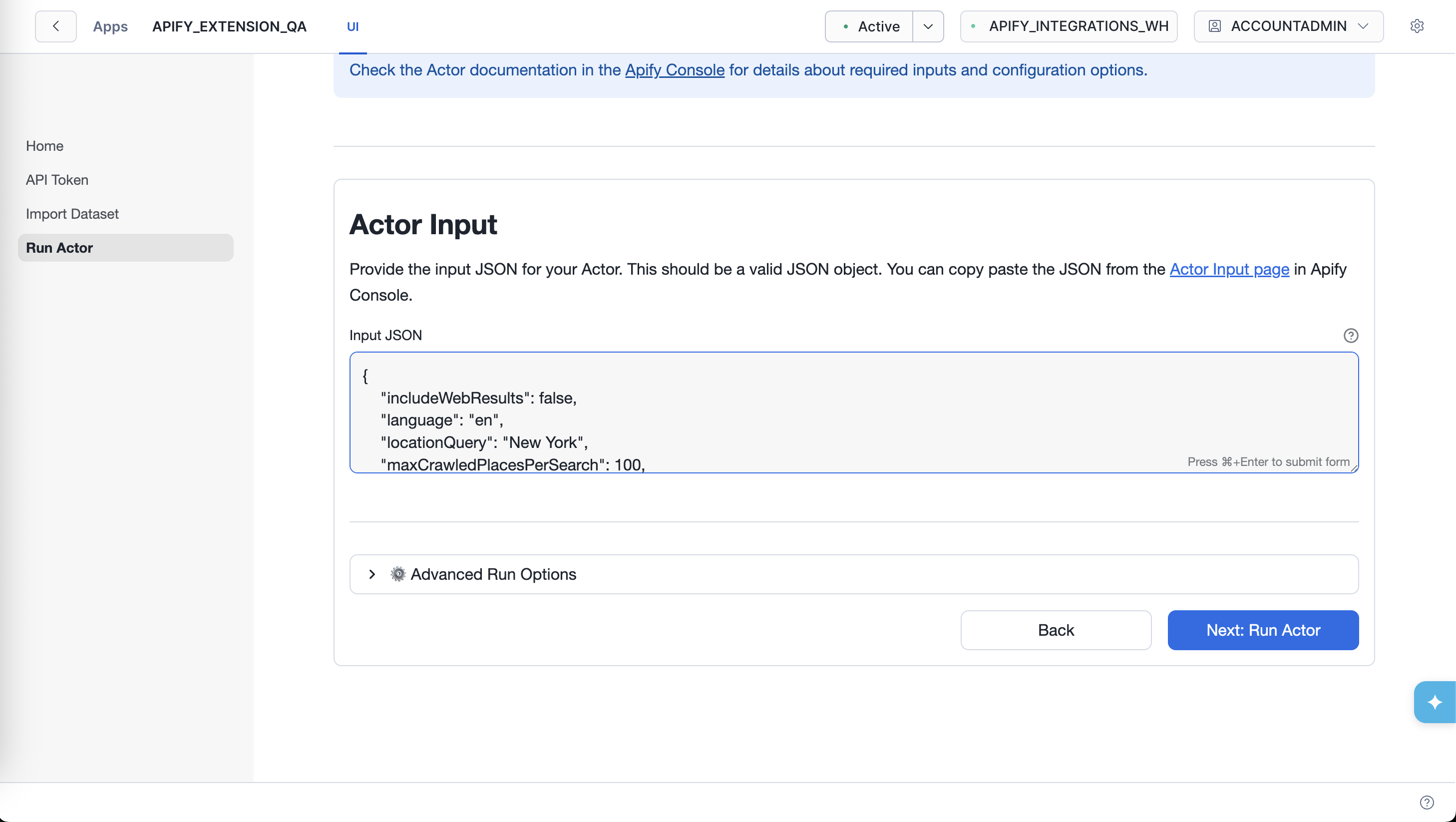 Actor Input JSON form with Advanced Run Options