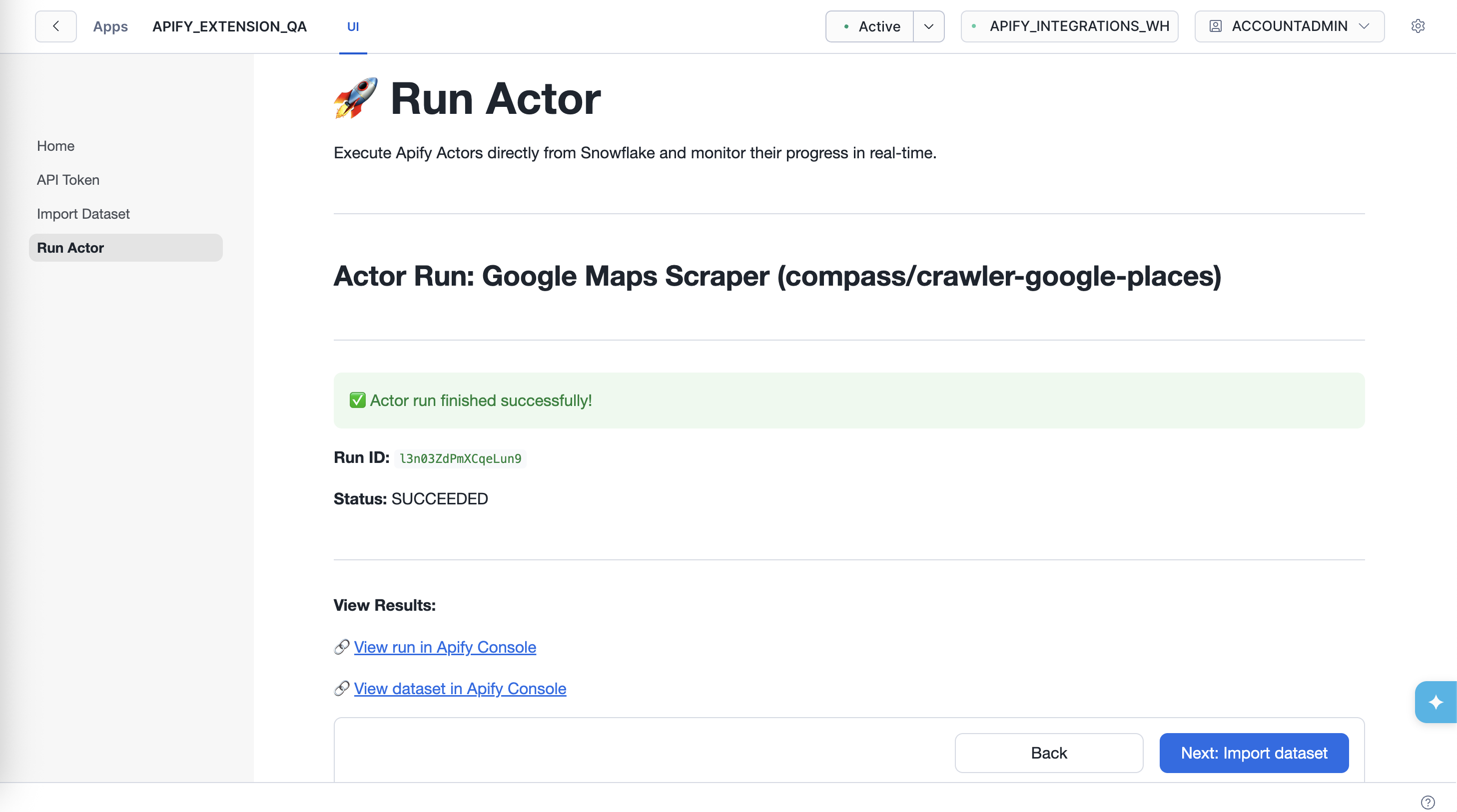 Completed Actor run with Next: Import dataset button
