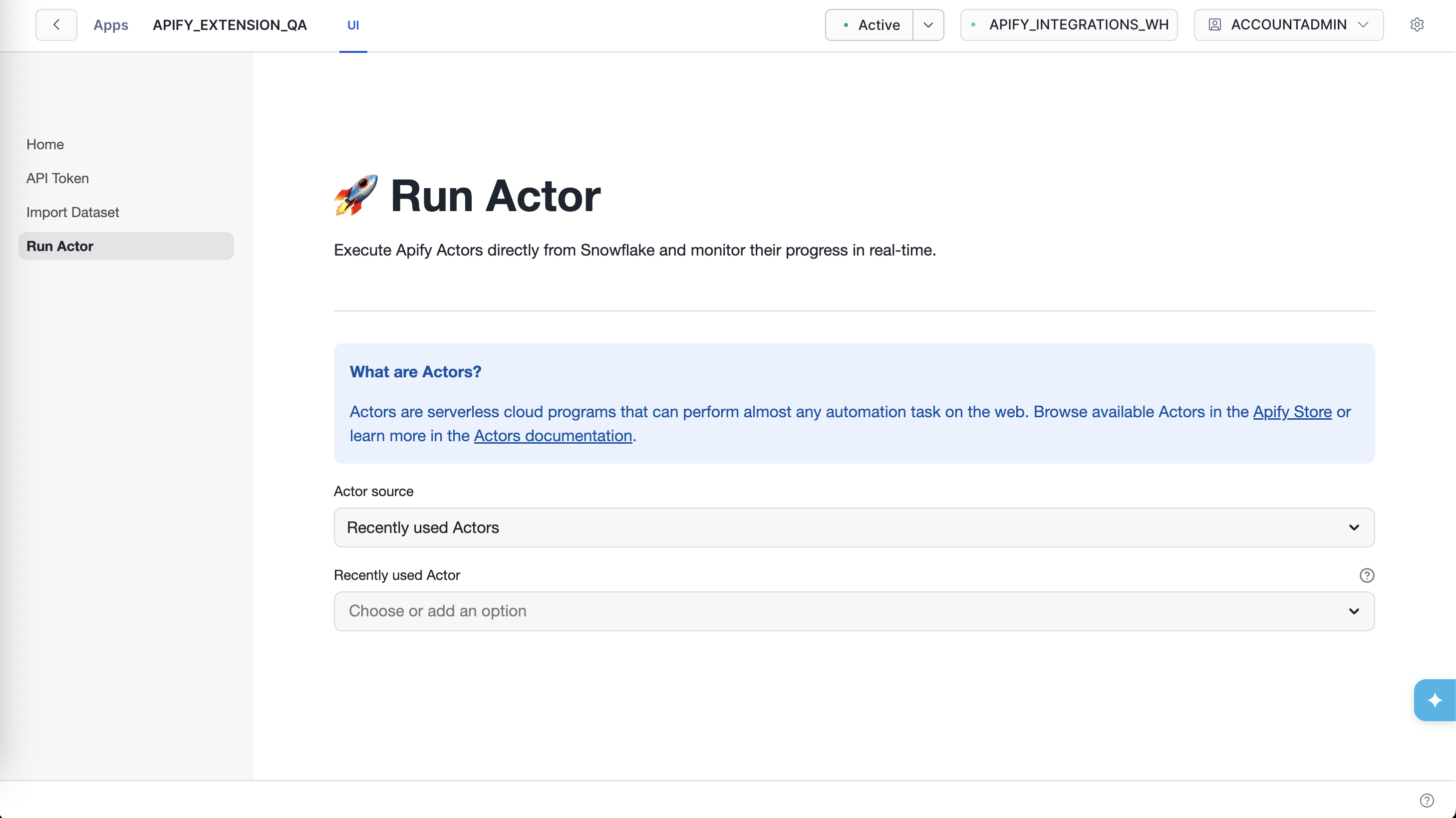 Run Actor page with Actor source and selection dropdown