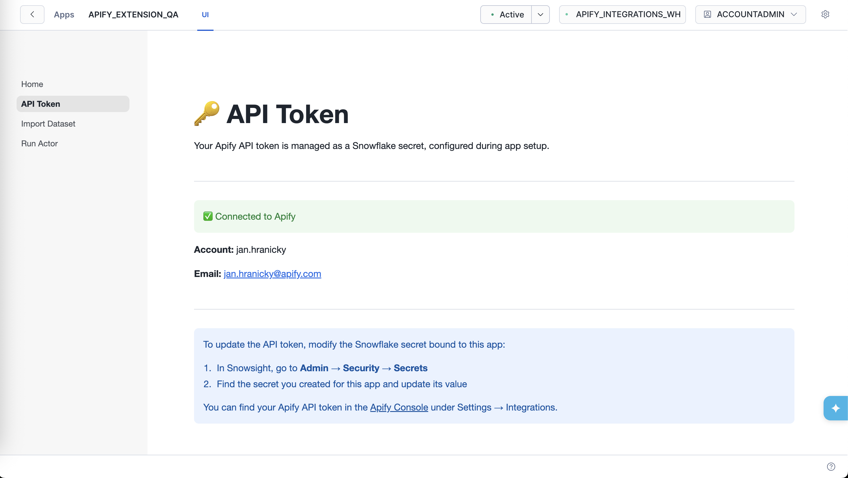 API Token page showing a connected Apify account