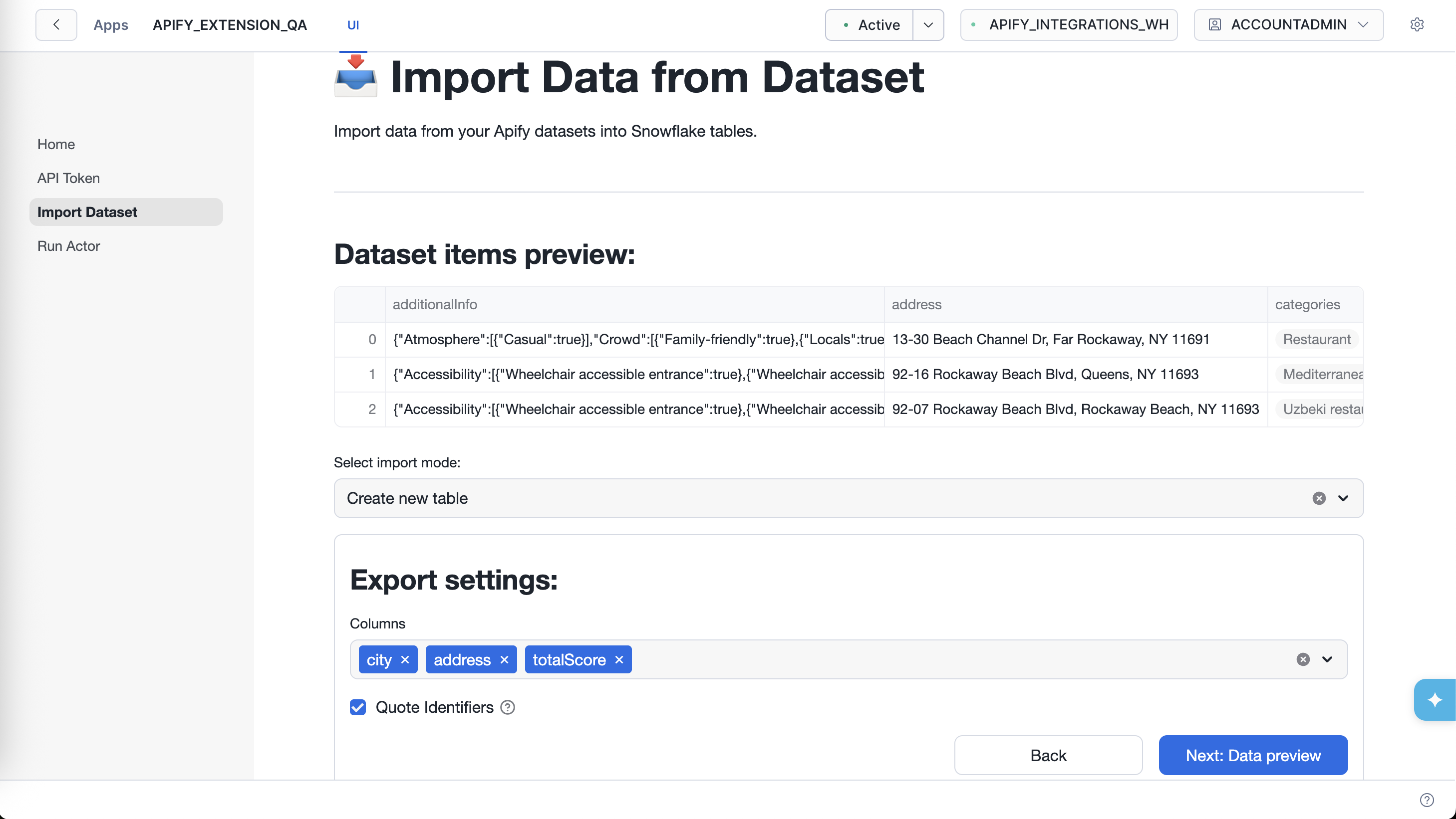 Export settings with column selection