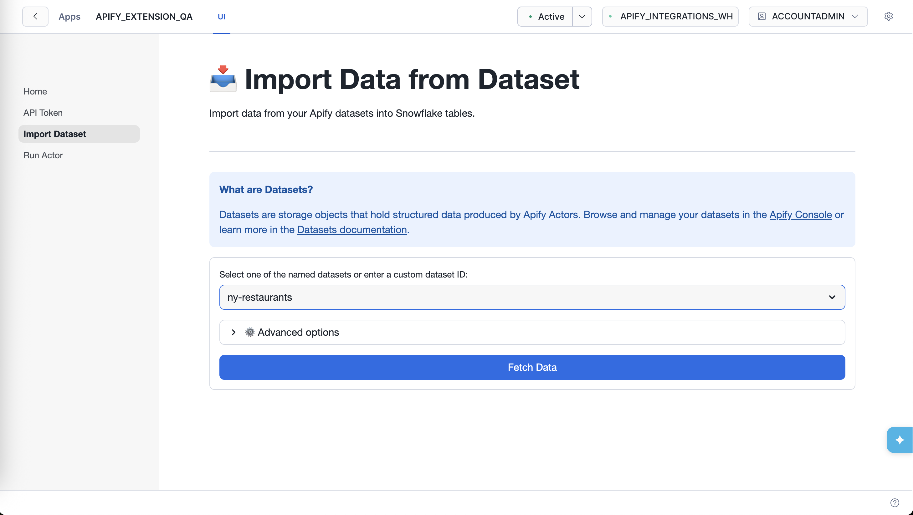 Import Dataset page with dataset selector and Advanced options