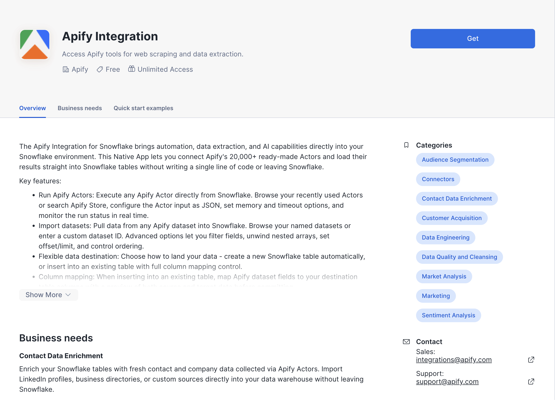Apify integration listing in Snowflake Marketplace