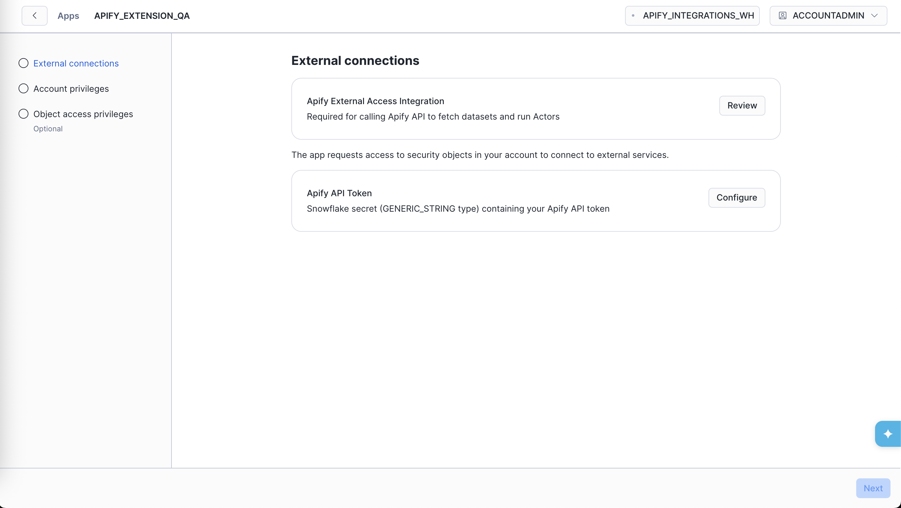 External connections setup during app installation