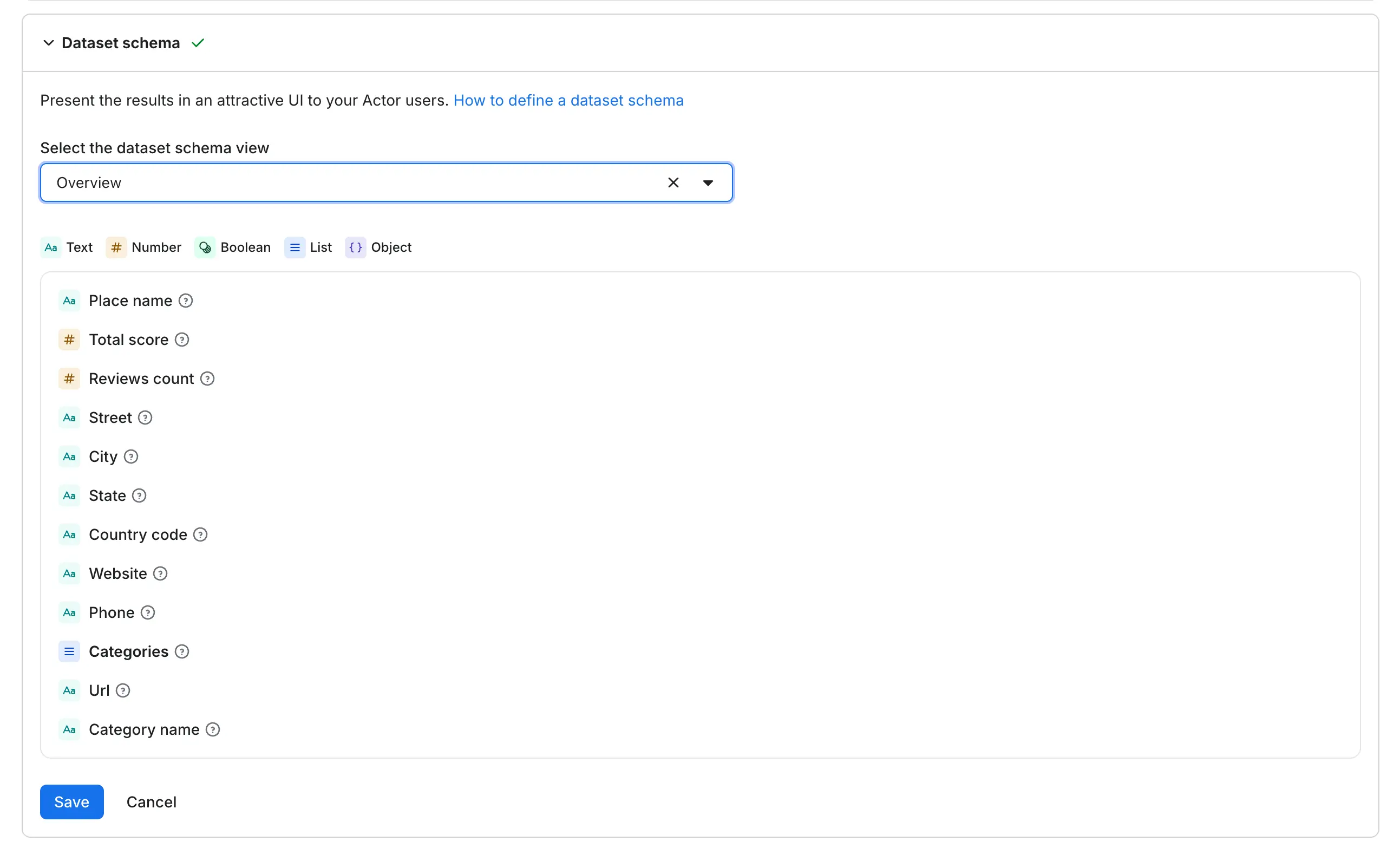 Dataset schema view selection.