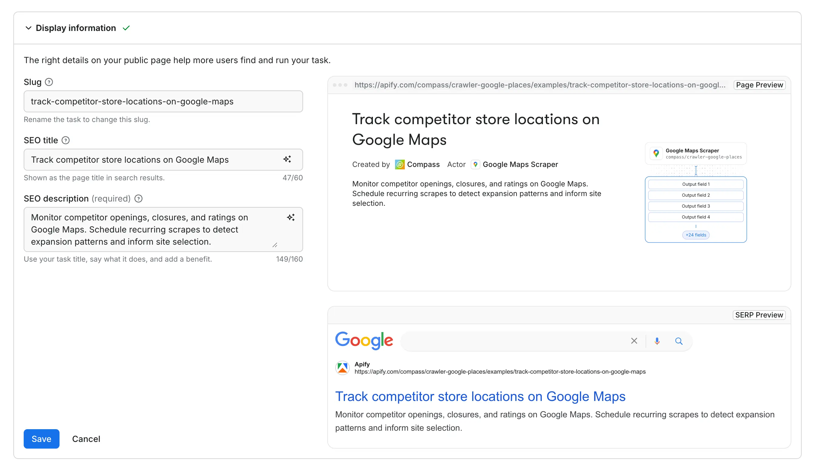 Page details fields (slug, SEO title, SEO description) with live page and Google previews on the right.