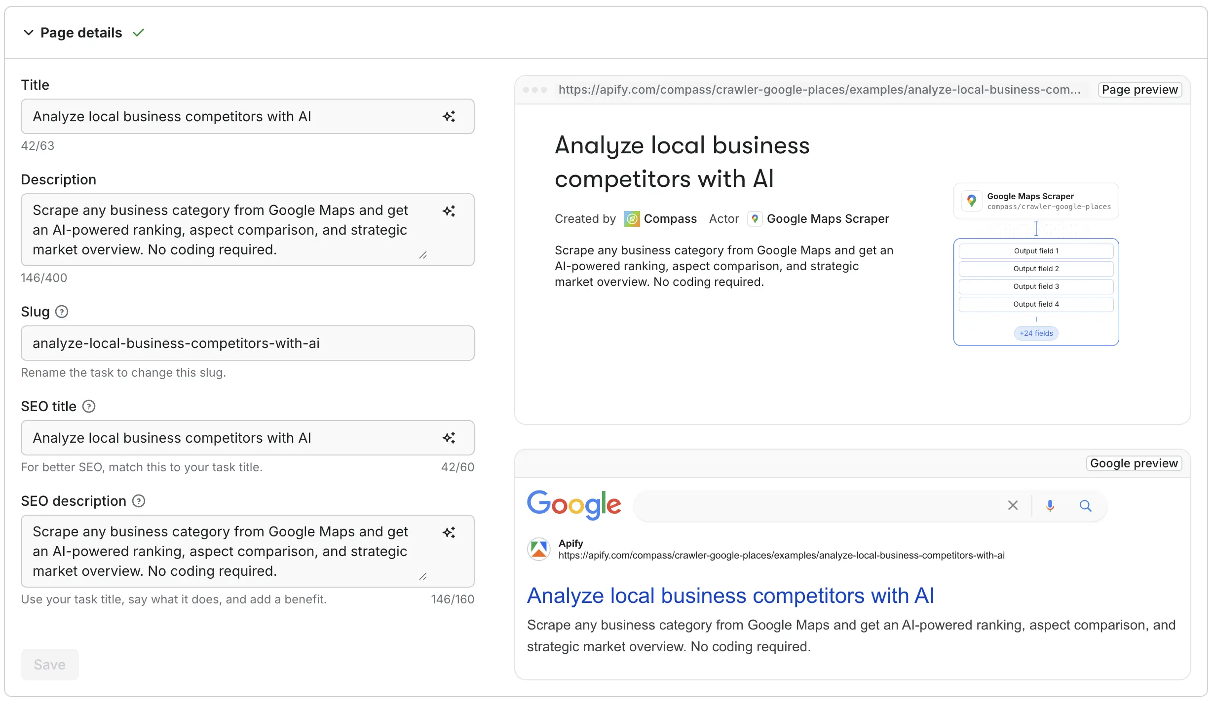 Page details fields (title, description, slug, SEO title, SEO description) with live page and Google previews on the right.