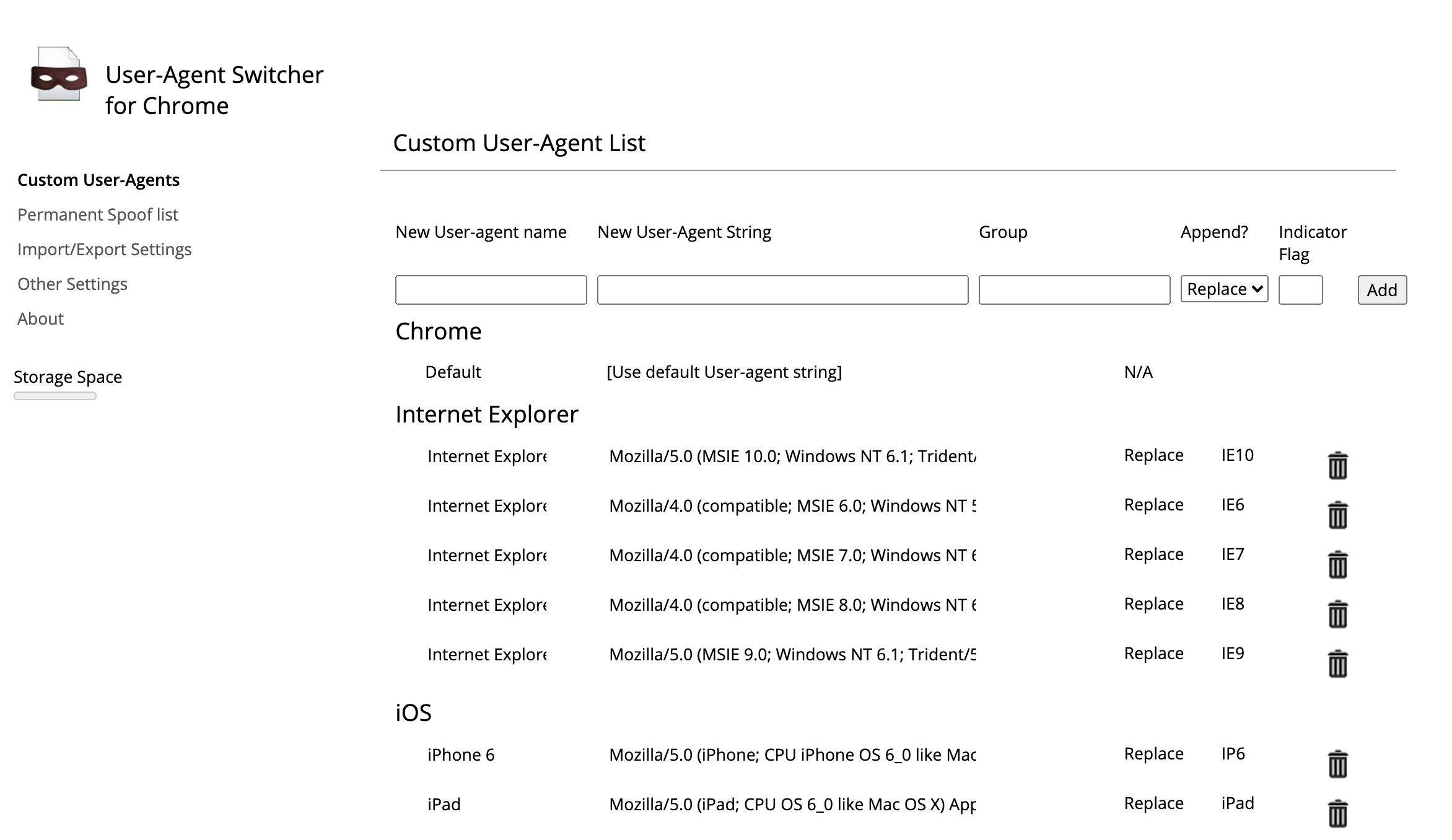 User-Agent Switcher configuration page