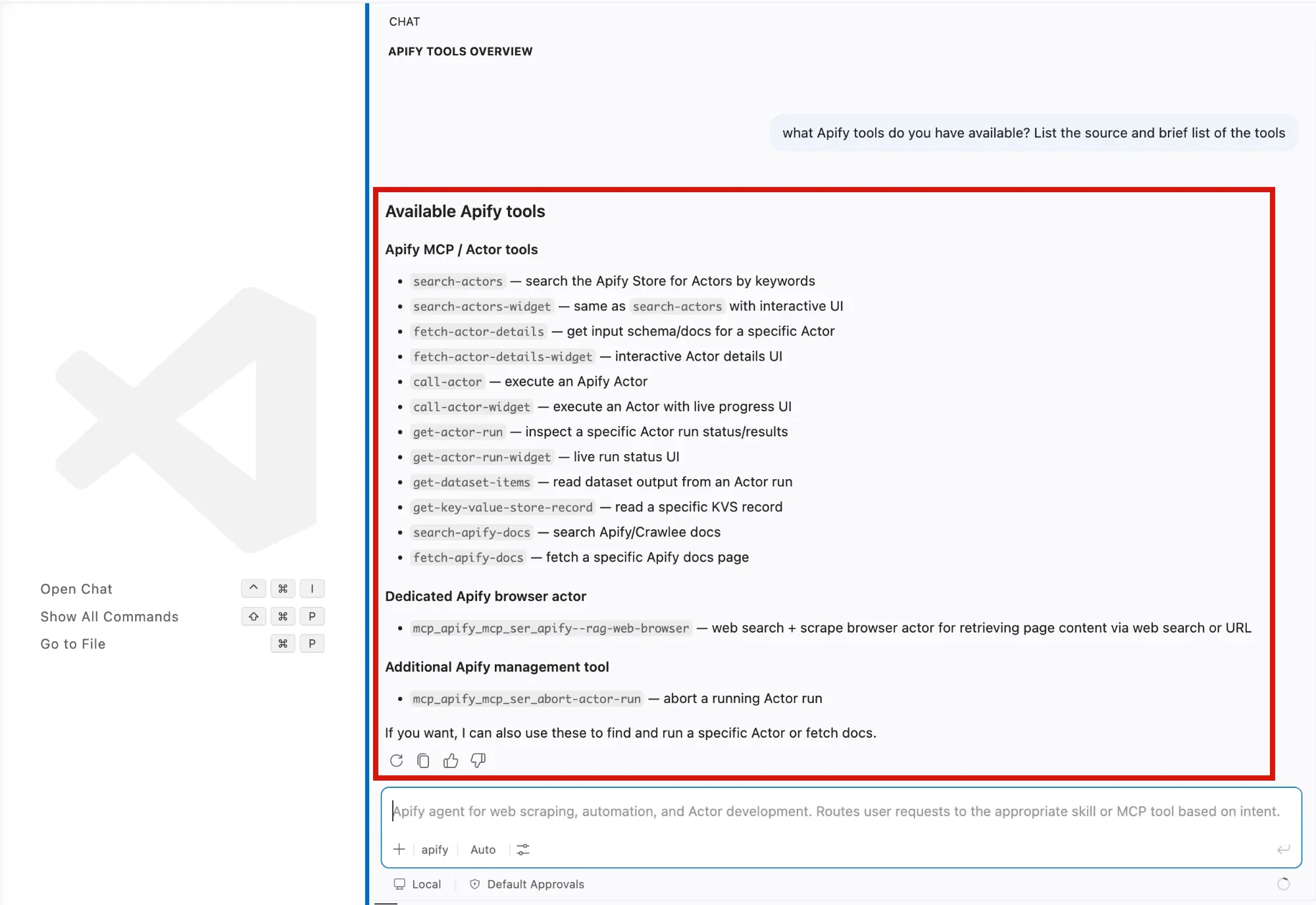 Copilot Chat listing the available Apify MCP tools