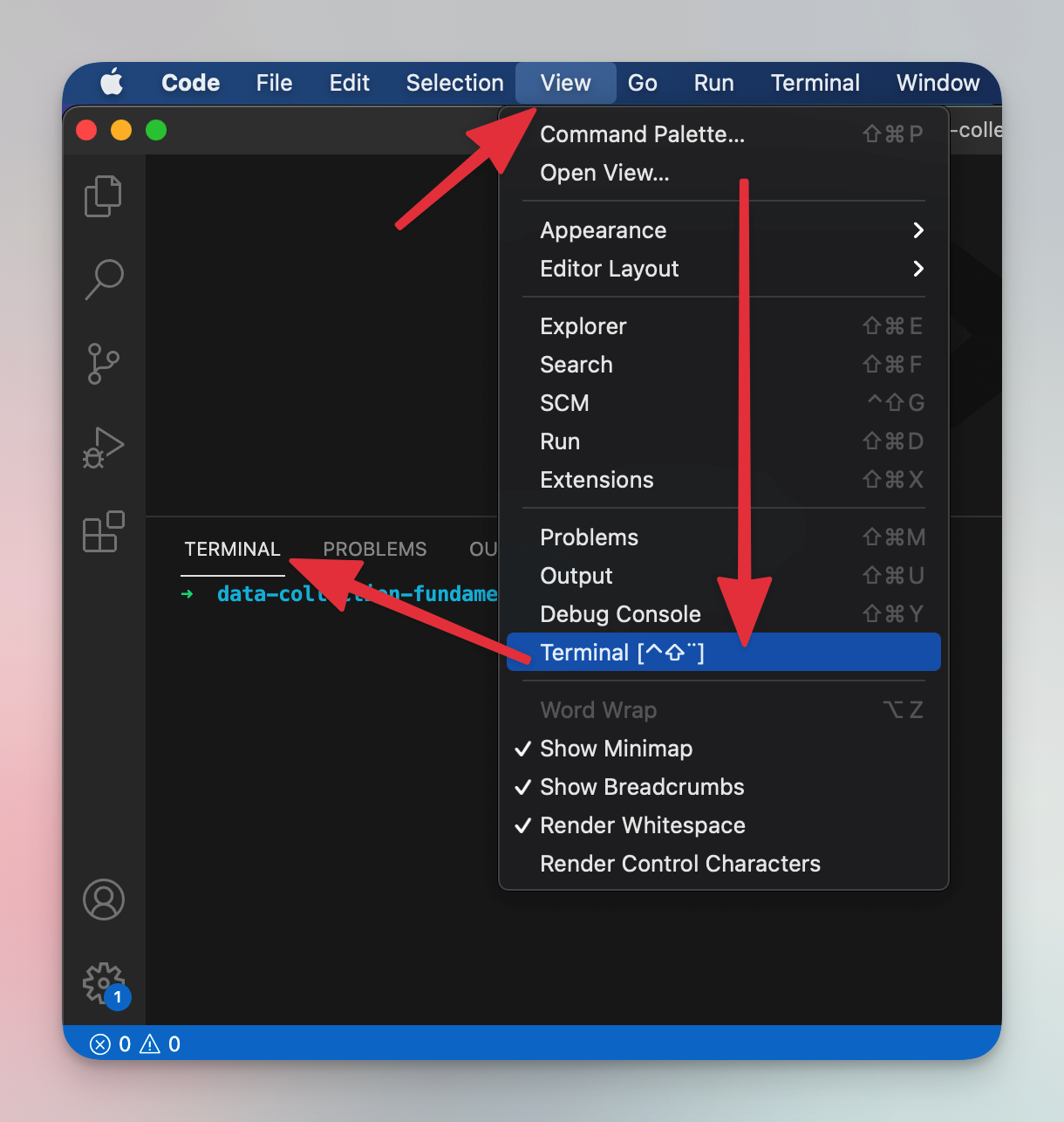 How to open a terminal in VSCode