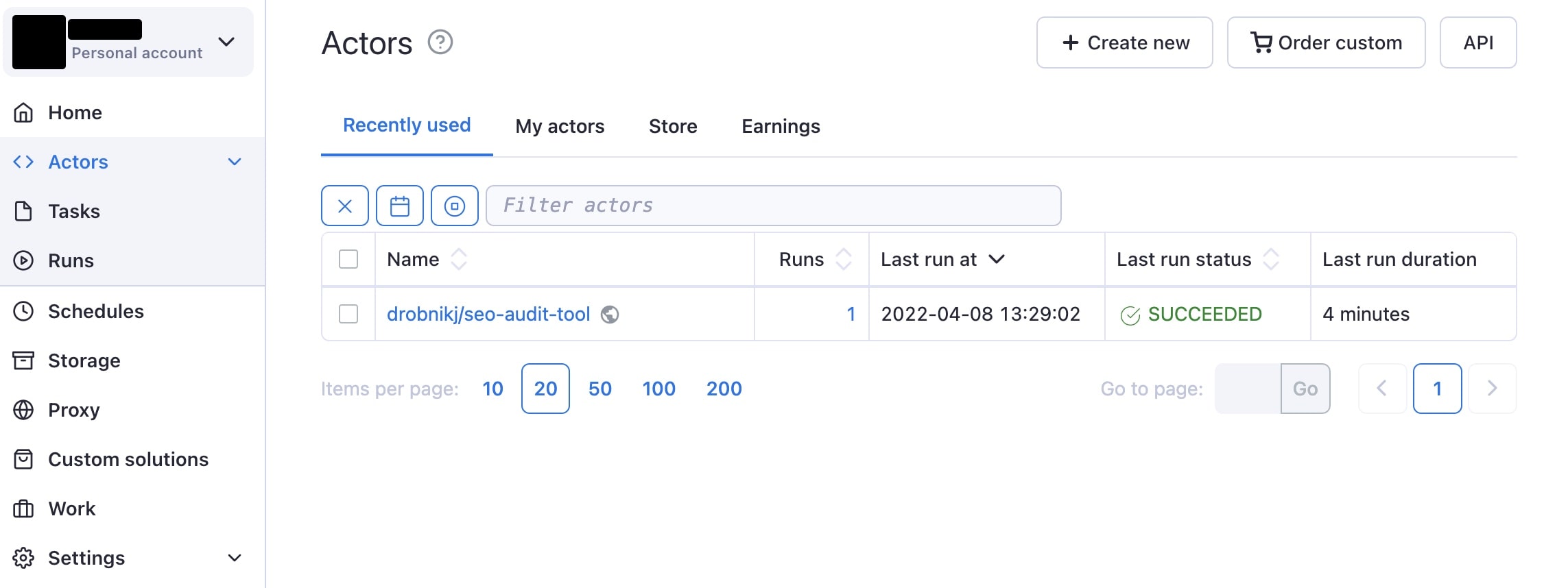 The &quot;Actors&quot; tab on the Apify platform