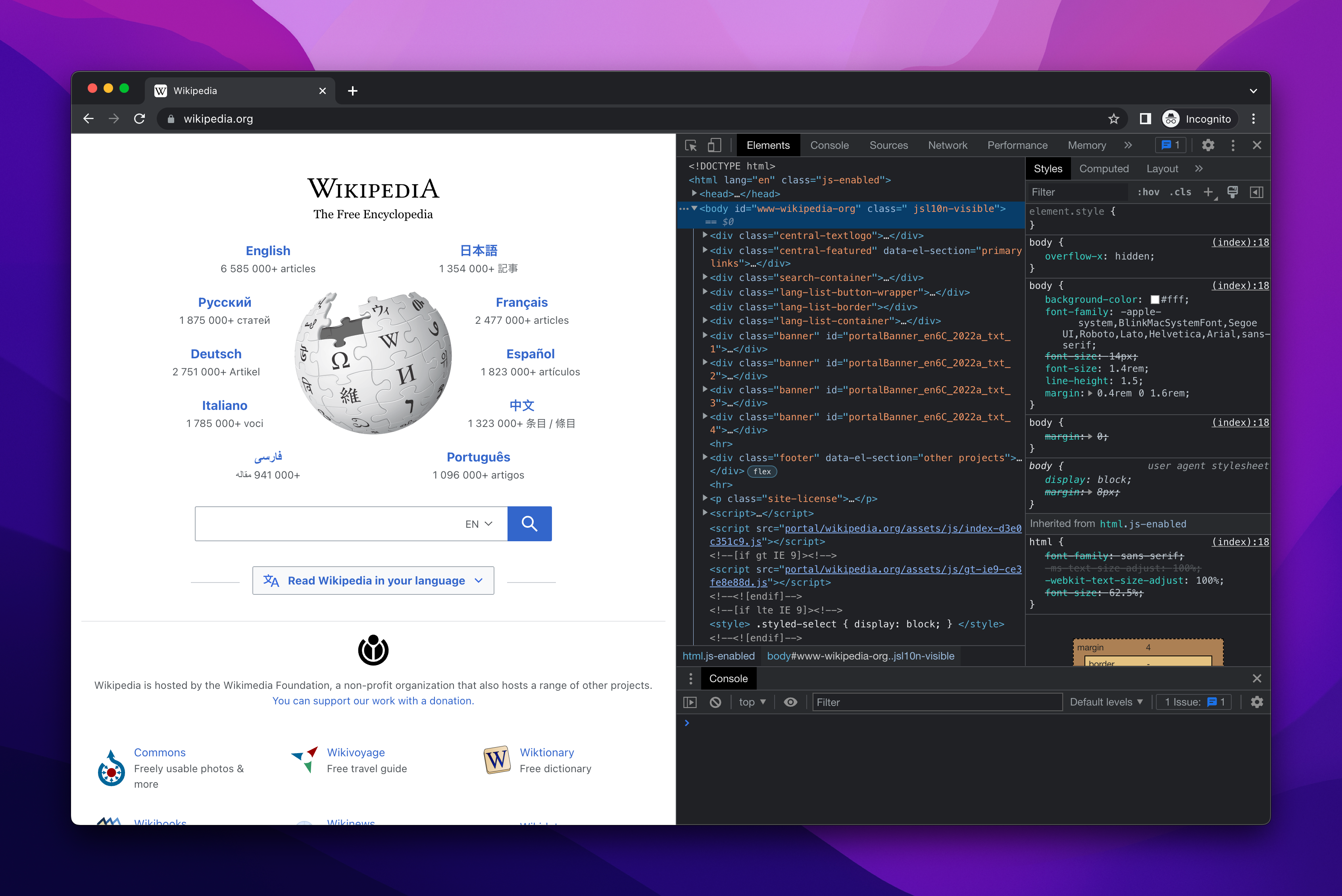 Wikipedia with Chrome DevTools open