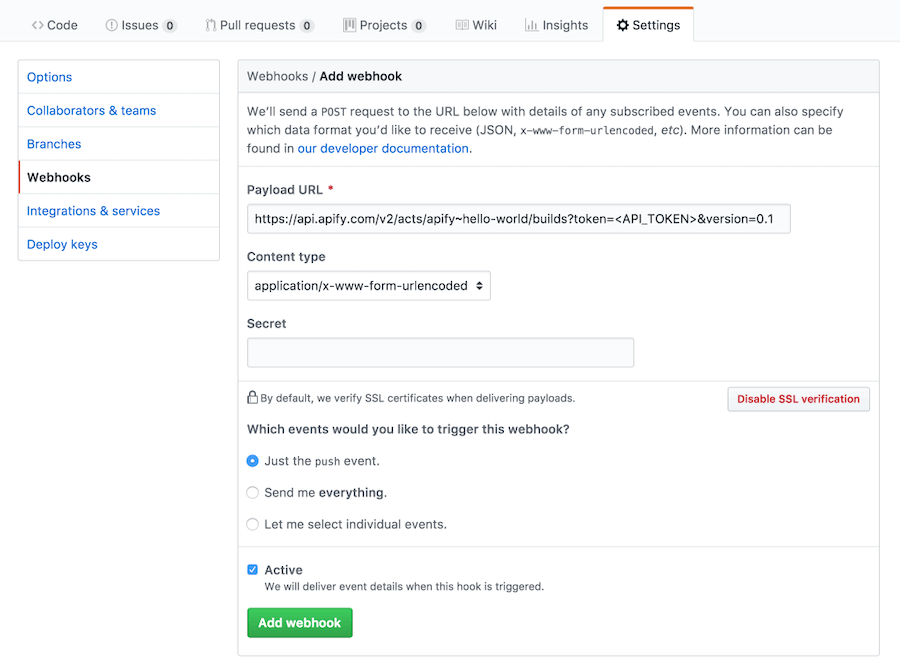 Adding a webhook to your GitHub repo