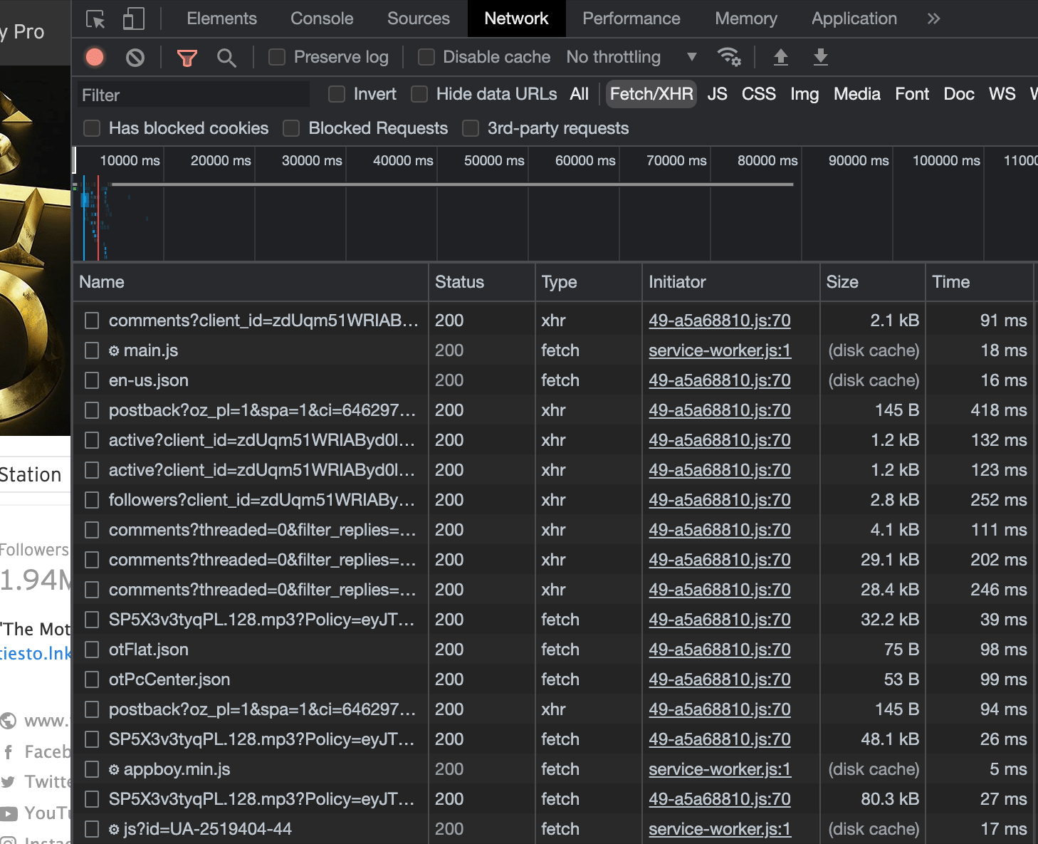 Network tab results after completing an action on the page which results in the API being called